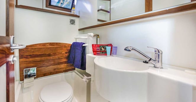 The boat offers a convenient and modern bathroom.